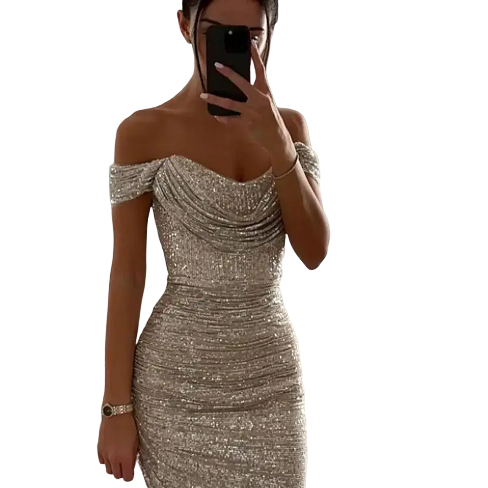 A shimmering silver sequined off-the-shoulder bodycon evening midi dress with draped neckline and ruched detailing