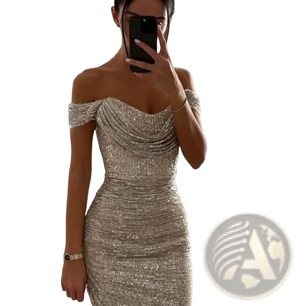 A shimmering silver sequined off-the-shoulder bodycon evening midi dress with draped neckline and ruched detailing