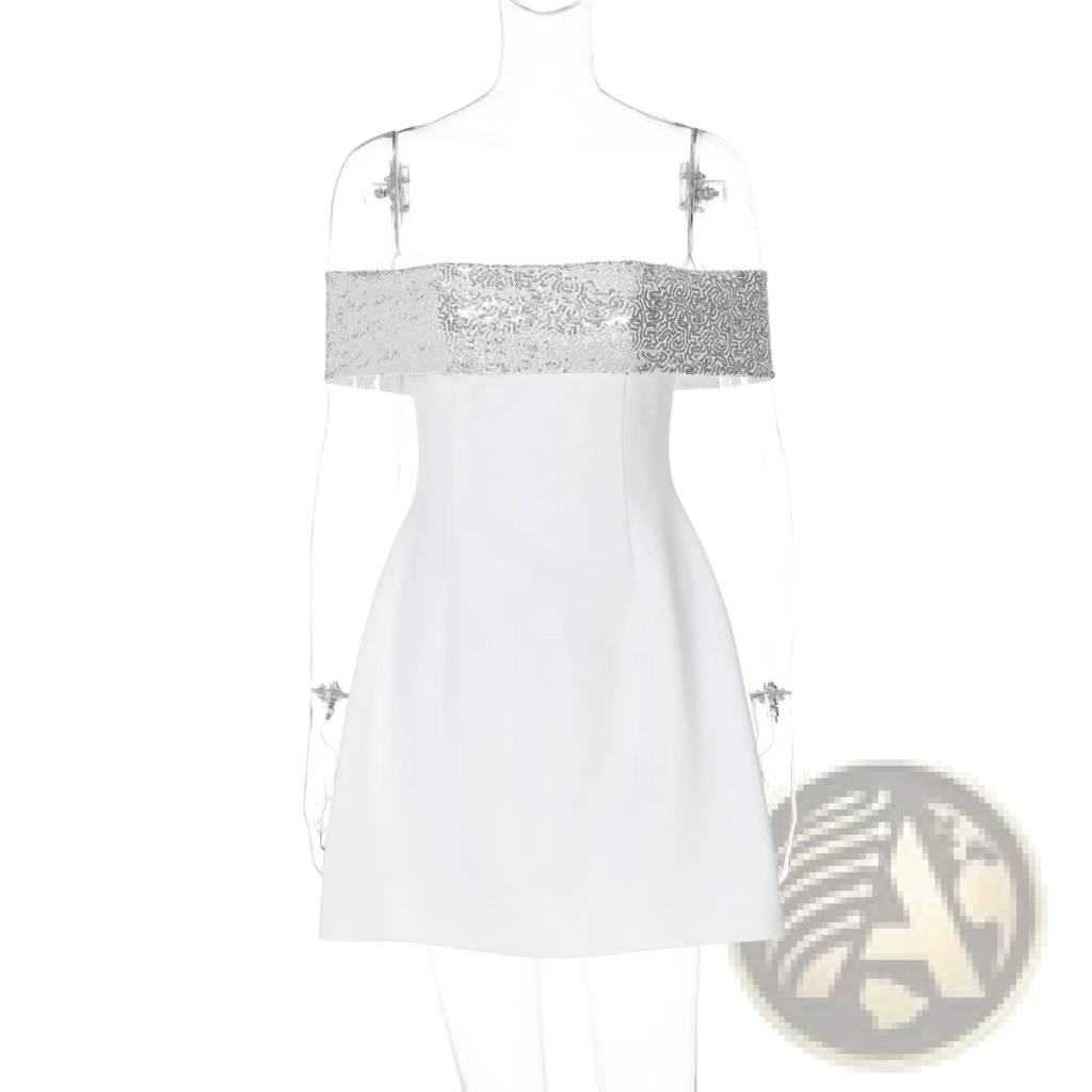 White off-the-shoulder bodycon mini dress with a sparkling silver sequined band across the bust