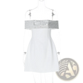White off-the-shoulder bodycon mini dress with a sparkling silver sequined band across the bust