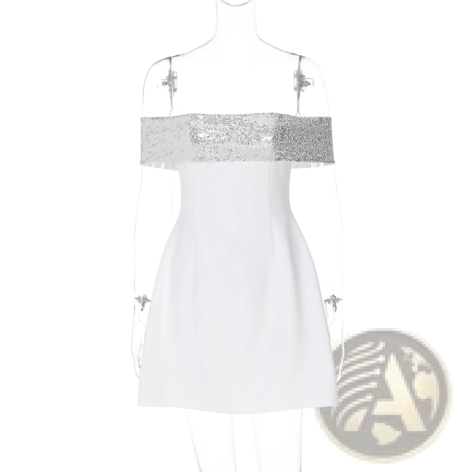White off-the-shoulder bodycon mini dress with a sparkling silver sequined band across the bust