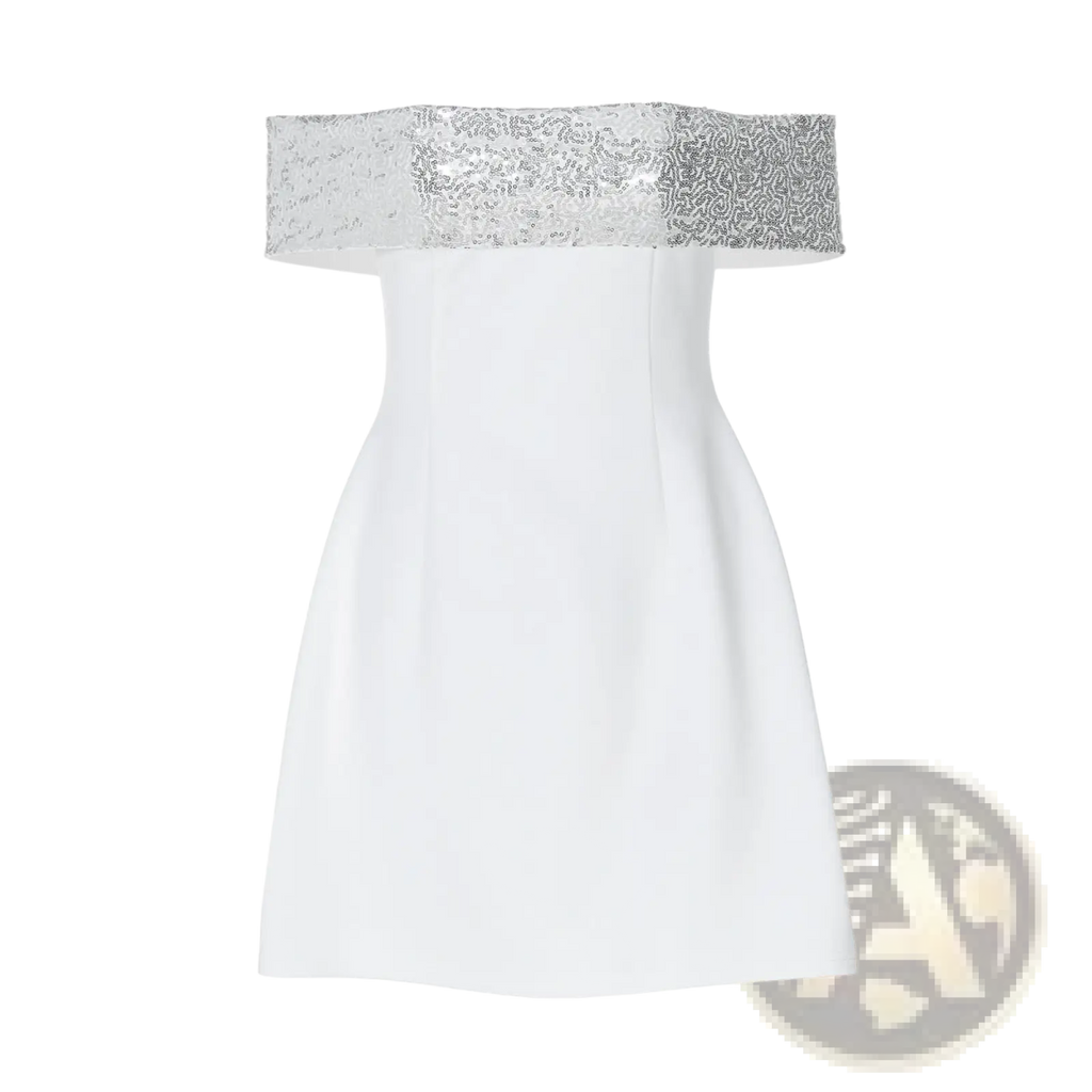 White off-the-shoulder bodycon mini dress with a shimmering silver sequined band across the neckline