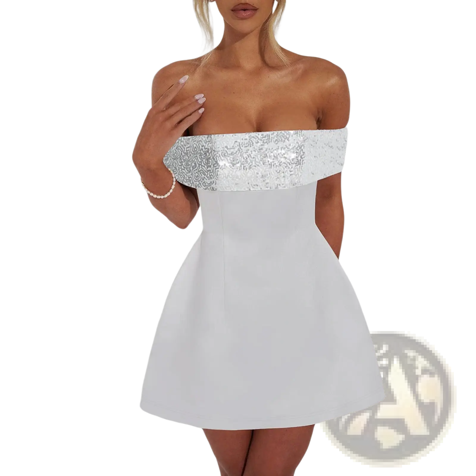 White off-the-shoulder bodycon mini dress with a sparkling silver sequined bust band made of form-fitting fabric