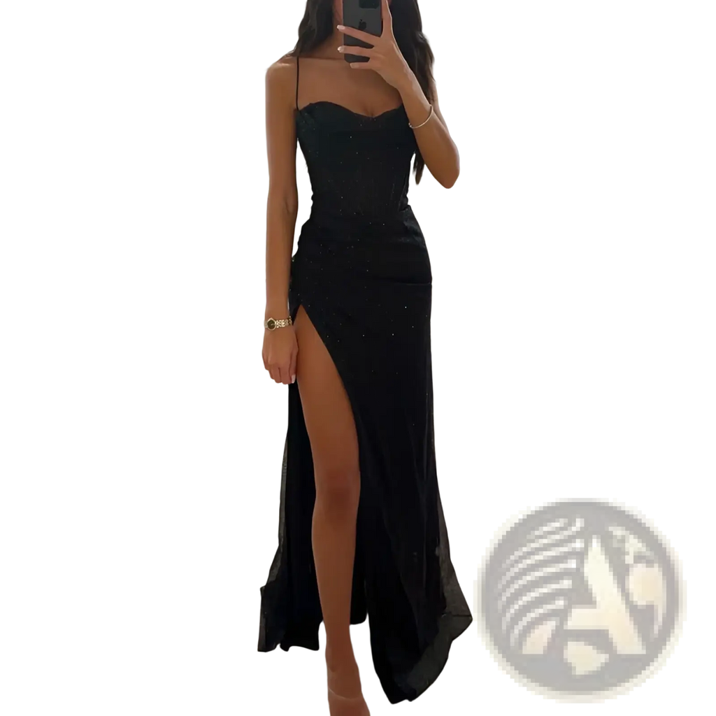 Black sequined strapless evening gown with v neck high slit and flowing skirt for formal occasions