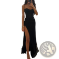 Black sequined strapless evening gown with v neck high slit and flowing skirt for formal occasions