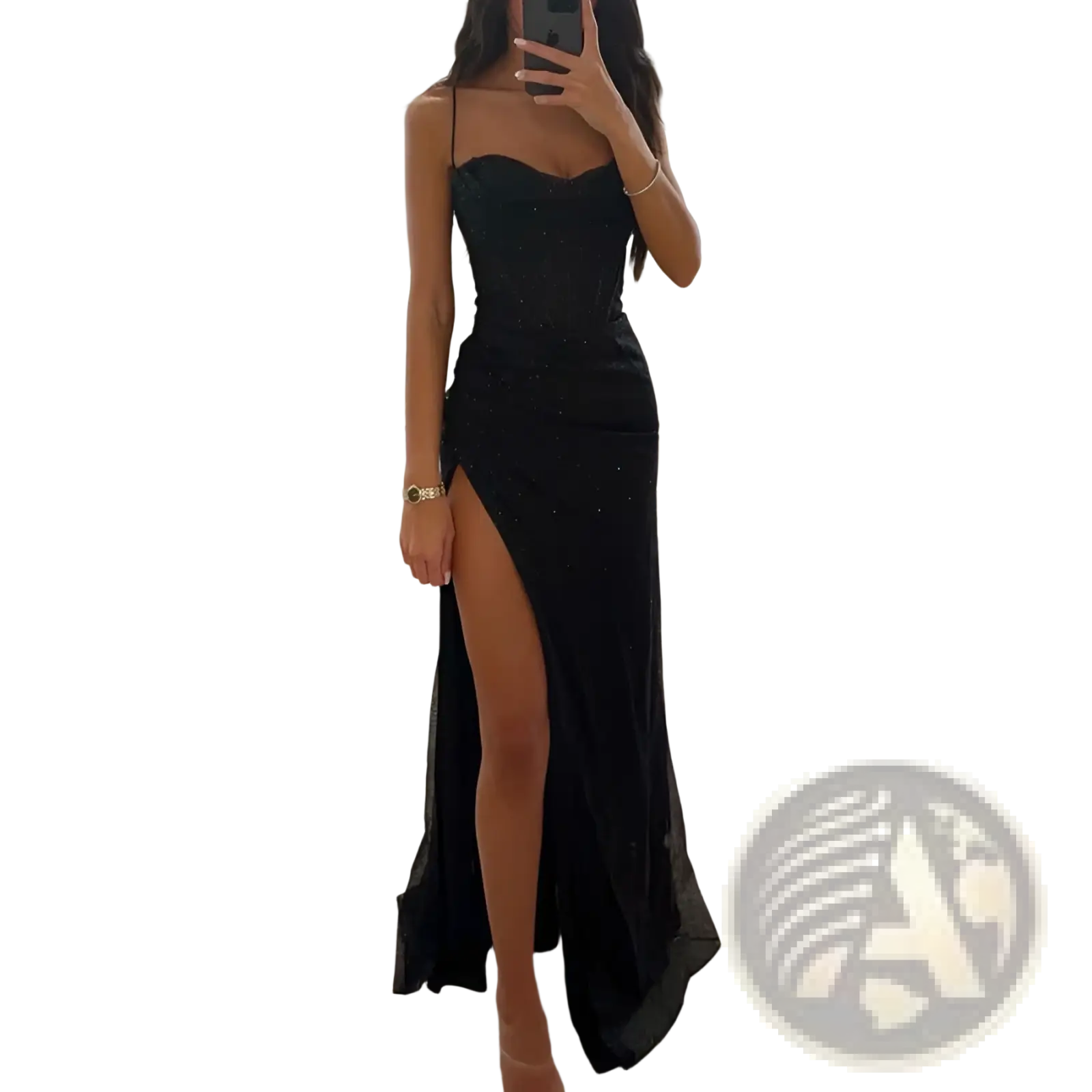 Black sequined strapless evening gown with v neck high slit and flowing skirt for formal occasions