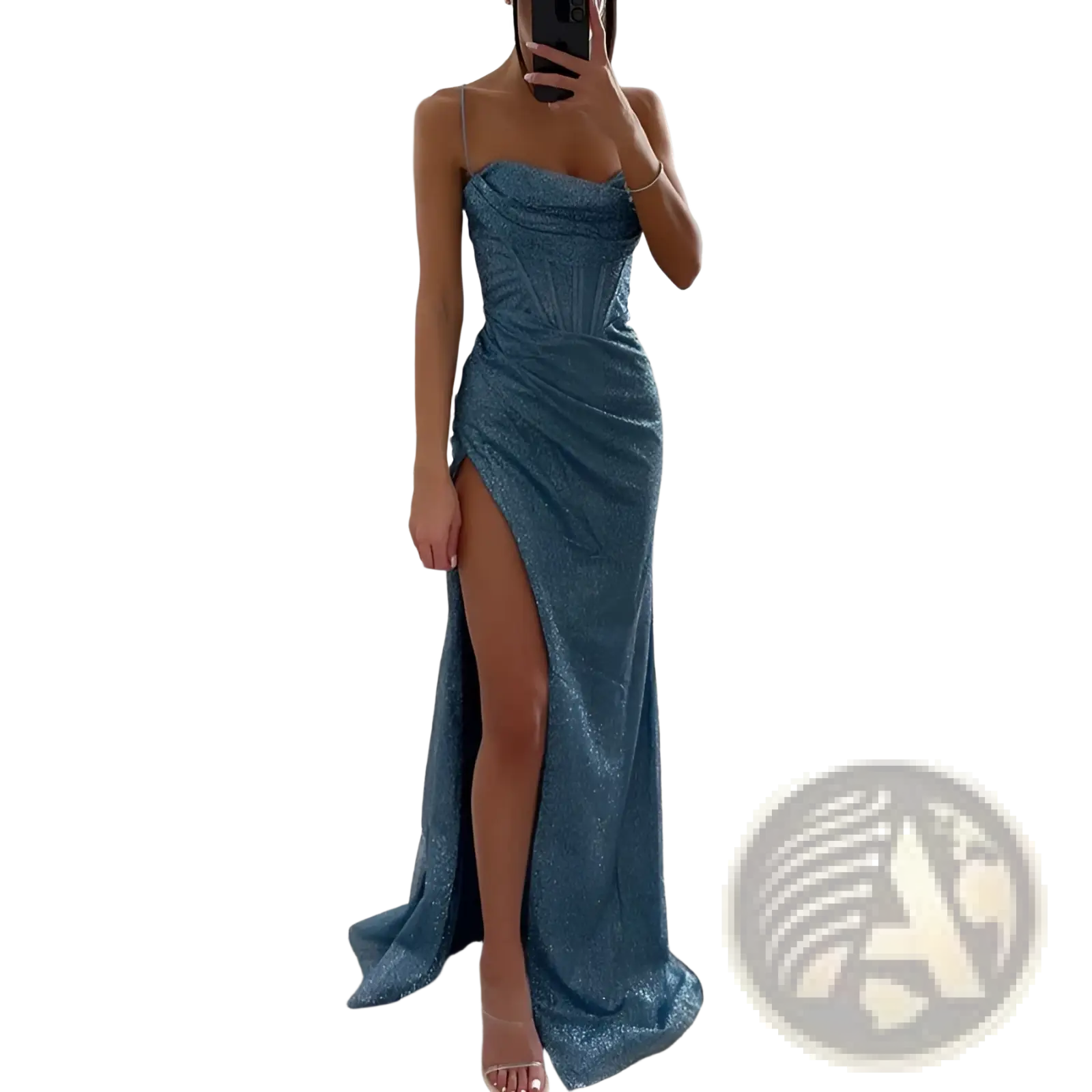 A shimmering teal sequined floor-length evening gown with a fitted bodice v neck and high slit