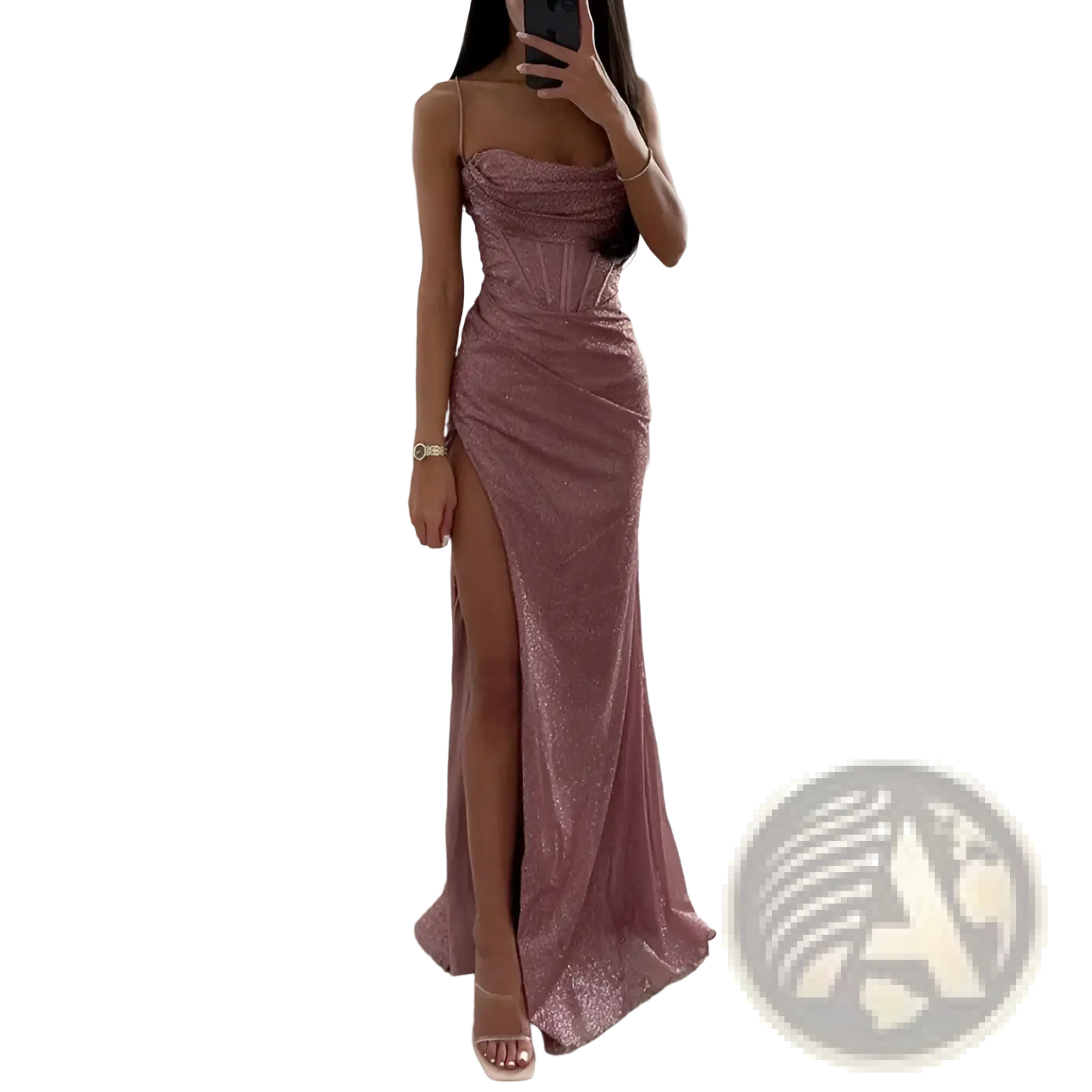 A shimmering rose gold sequined v neck evening gown with a fitted bodice and high slit