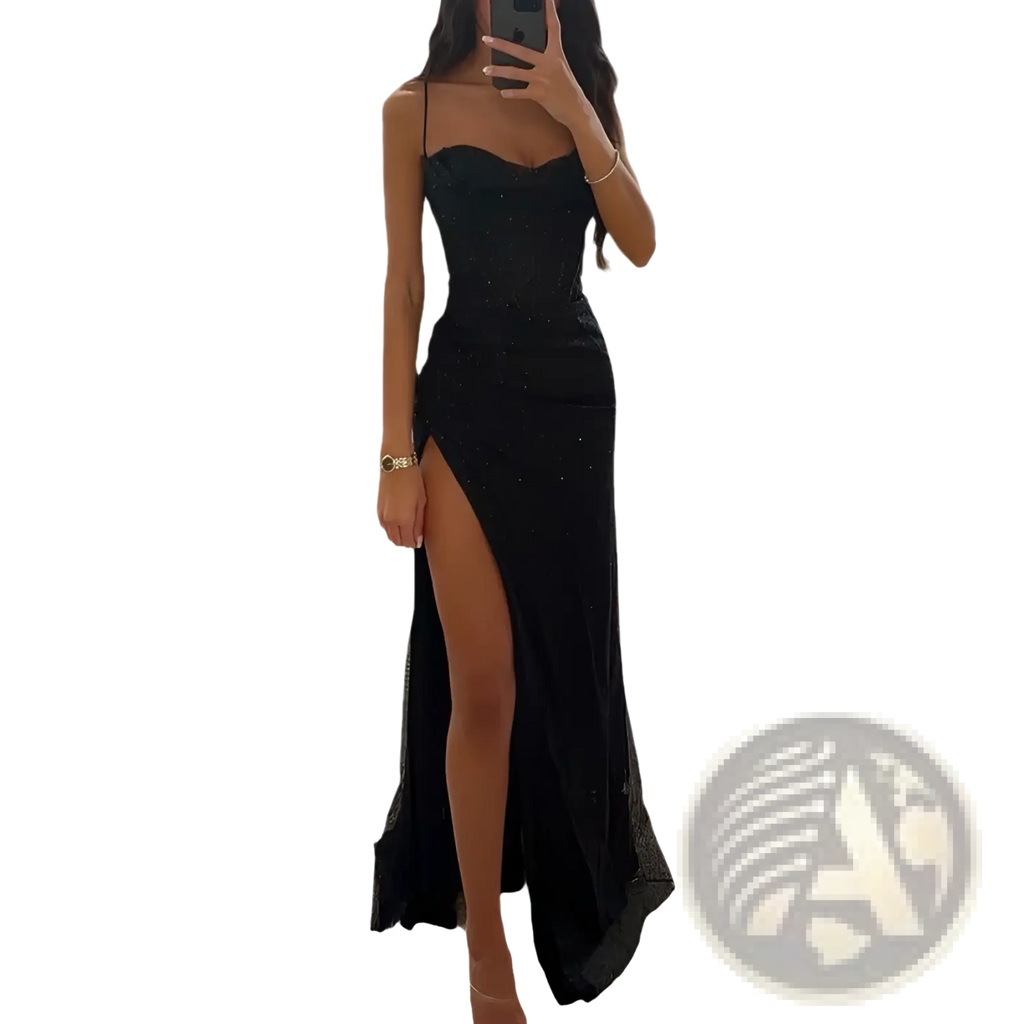 Black sequined v neck evening gown with spaghetti straps and a high slit for formal occasions