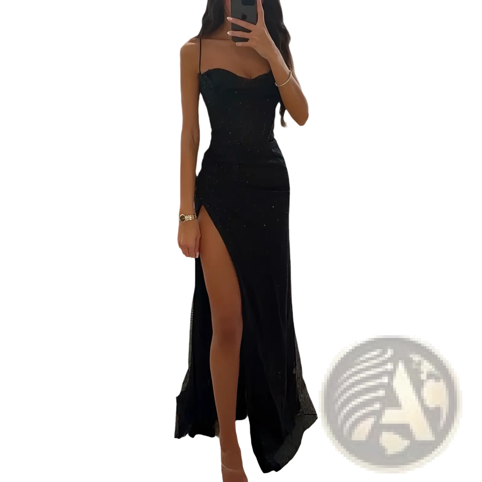 Black sequined v neck evening gown with spaghetti straps and a high slit for formal occasions