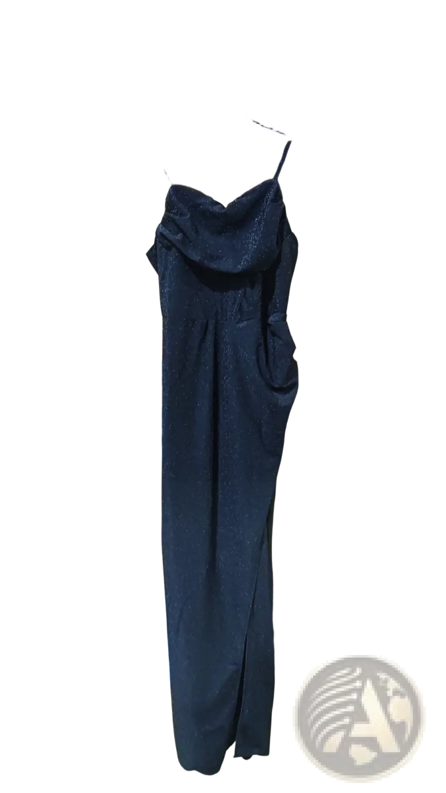 Black sequined v neck high slit evening gown made of sequins hanging on a purple hanger with spaghetti straps