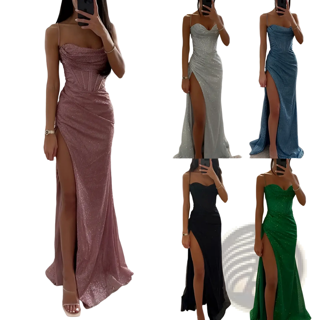 A shimmering rose gold sequined strapless mermaid gown with a high slit for elegant evening wear