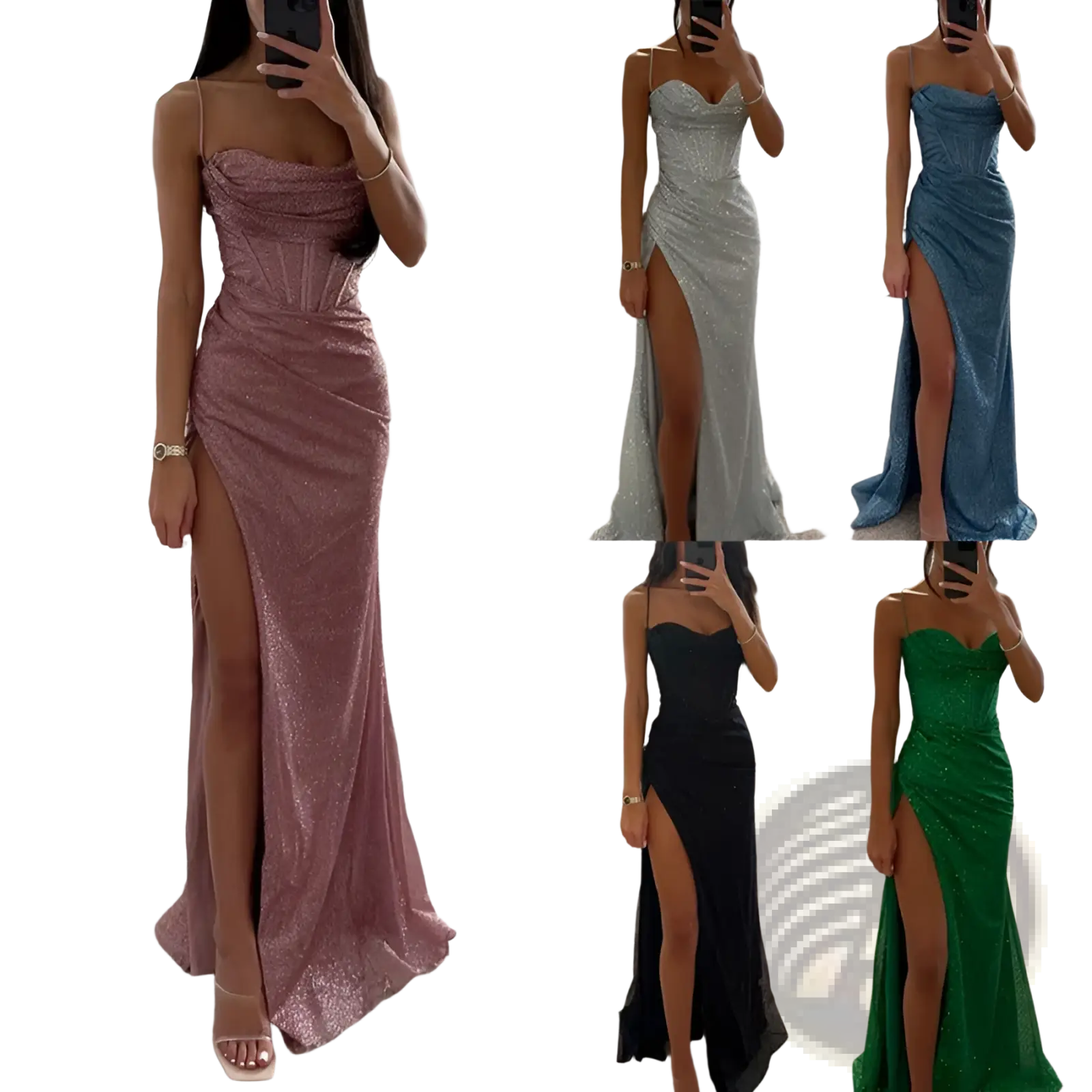 A shimmering rose gold sequined strapless mermaid gown with a high slit for elegant evening wear