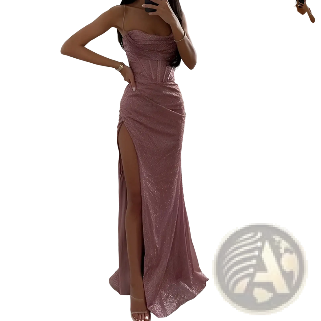 A shimmering rose gold sequined strapless evening gown with a fitted silhouette and high slit for formal occasions