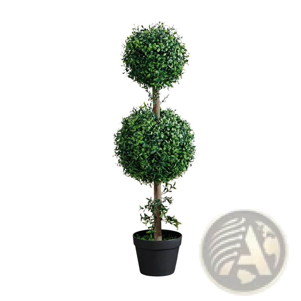 A set of 2 artificial boxwood topiary trees featuring lush dense green foliage in sleek black pots at 36 inch height