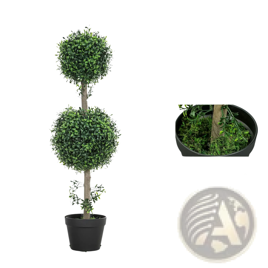 Set of 2 artificial boxwood topiary trees 36 inch with lush green foliage realistic brown trunk and black cement pot