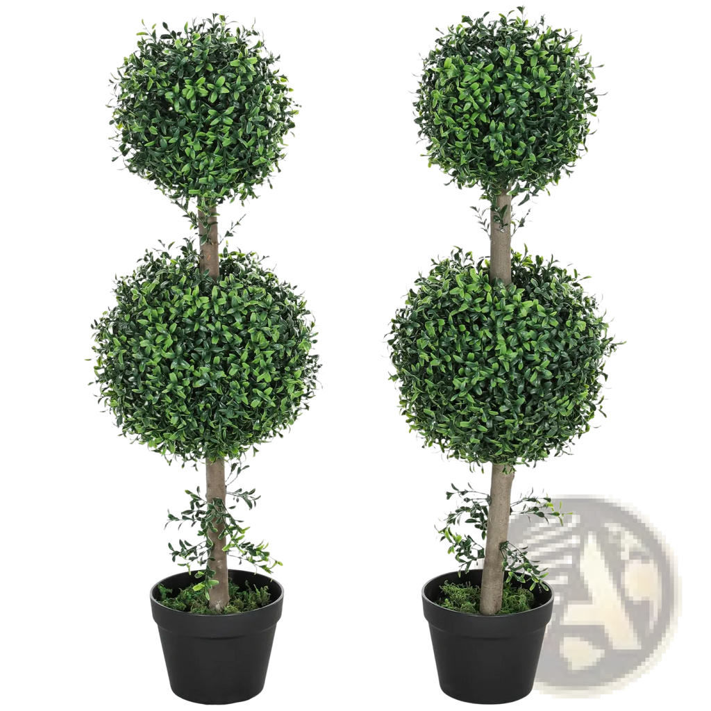 Set of 2 artificial boxwood topiary trees 36 inch with green double-ball foliage and black pots