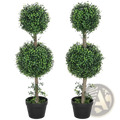 Set of 2 artificial boxwood topiary trees 36 inch with green double-ball foliage and black pots