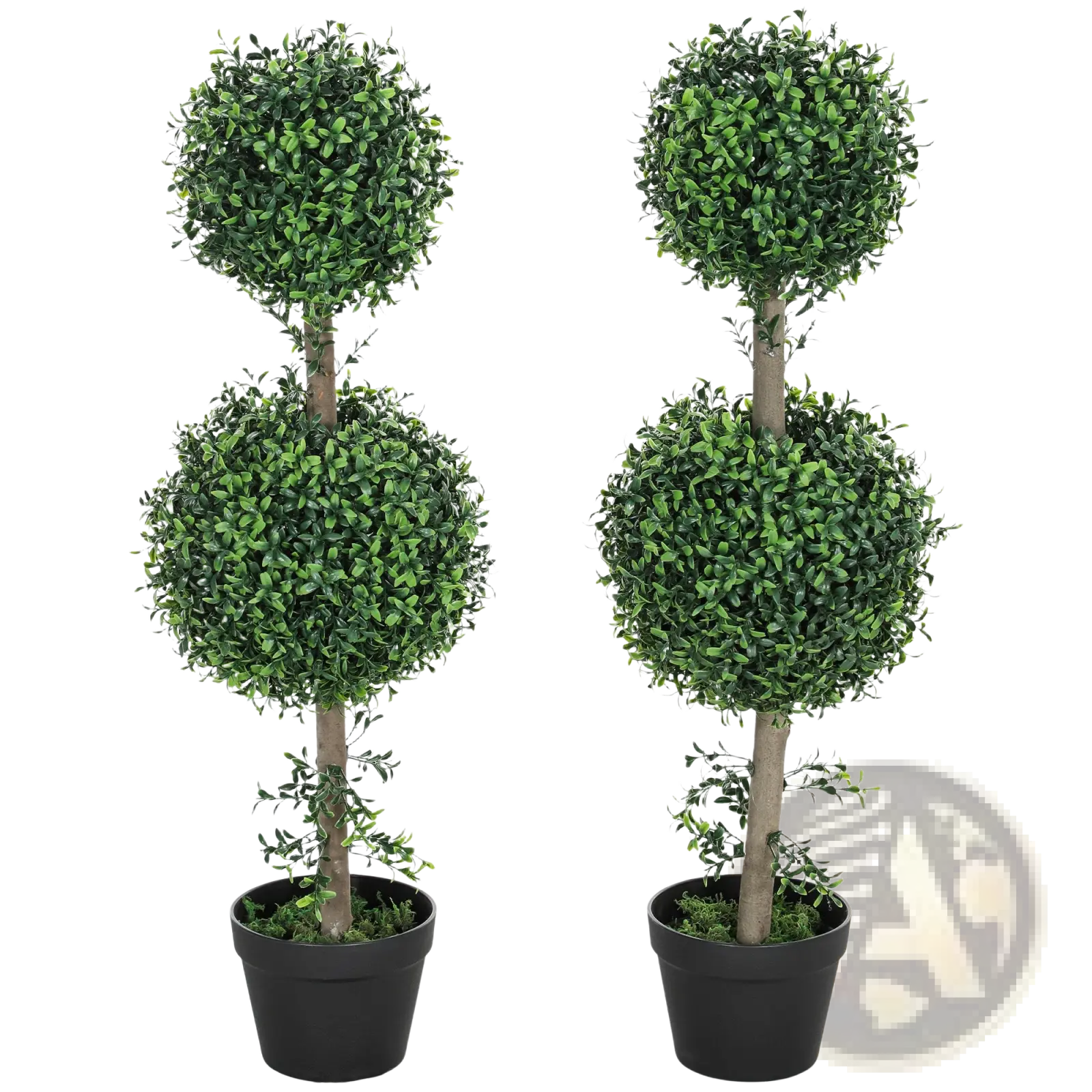 Set of 2 artificial boxwood topiary trees 36 inch with green double-ball foliage and black pots