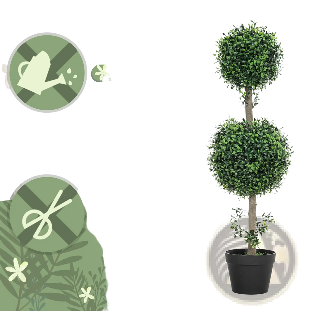 Set of 2 artificial boxwood topiary trees with two-tiered lush green foliage in sleek black pots 36 inch tall