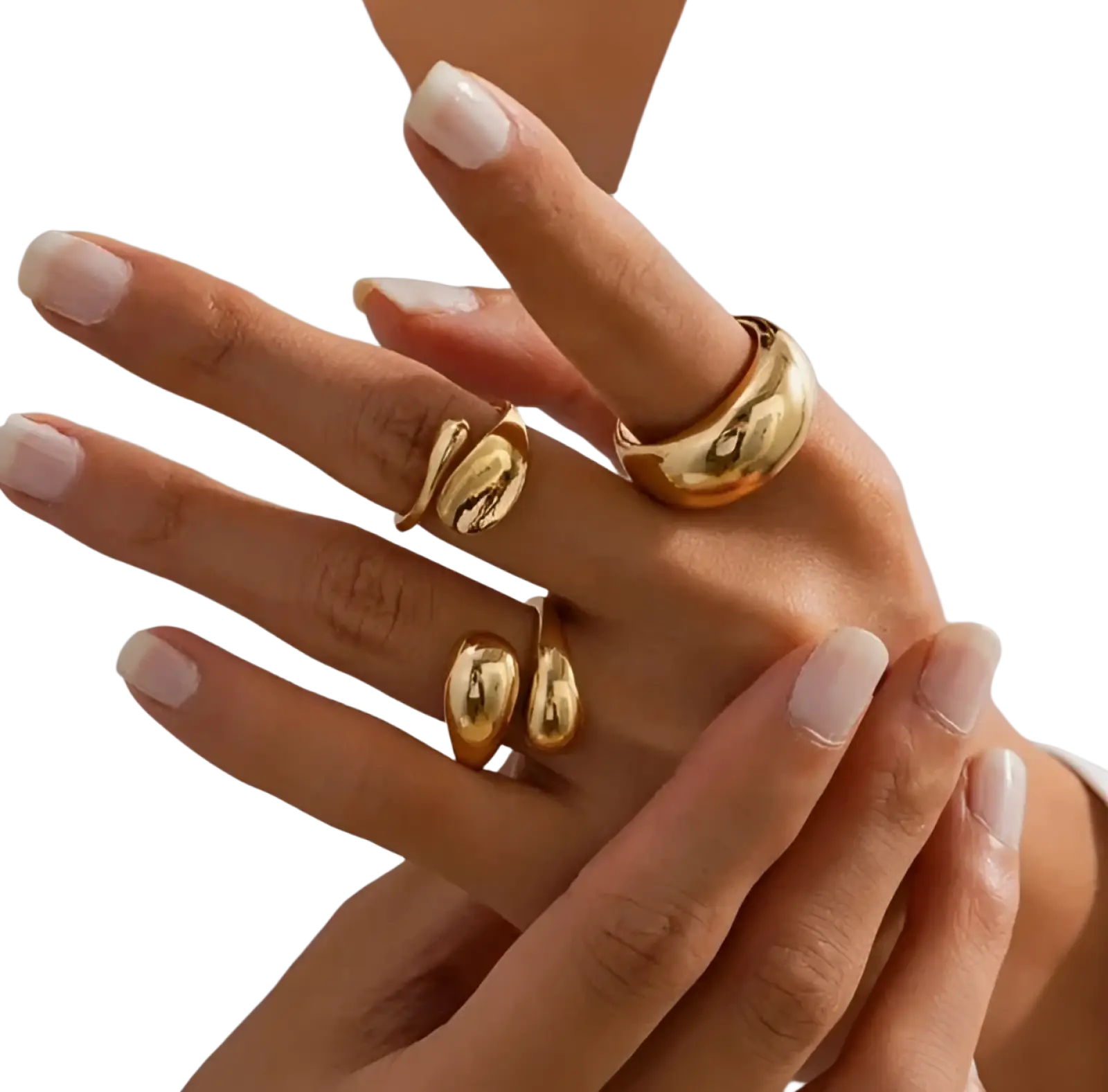 Set of 4 elegant adjustable golden geometric rings with smooth rounded contours and polished metallic finish