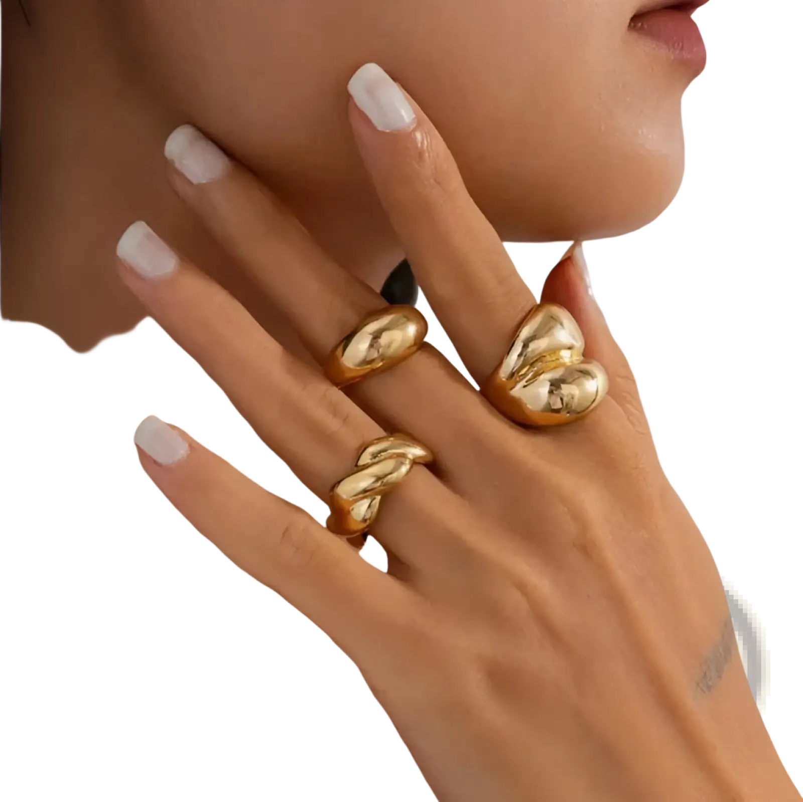 Set of 4 elegant adjustable golden geometric rings with gold-toned, glossy, sculptural twisted organic design
