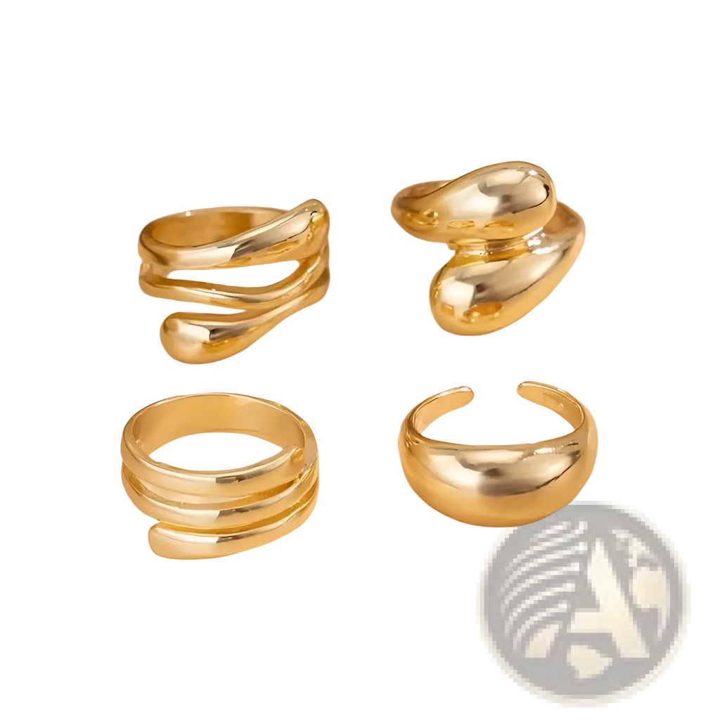 Set of four gold-toned modernist adjustable rings with sleek sculptural geometric designs for elegant wear
