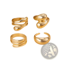 Set of four gold-toned modernist adjustable rings with sleek sculptural geometric designs for elegant wear
