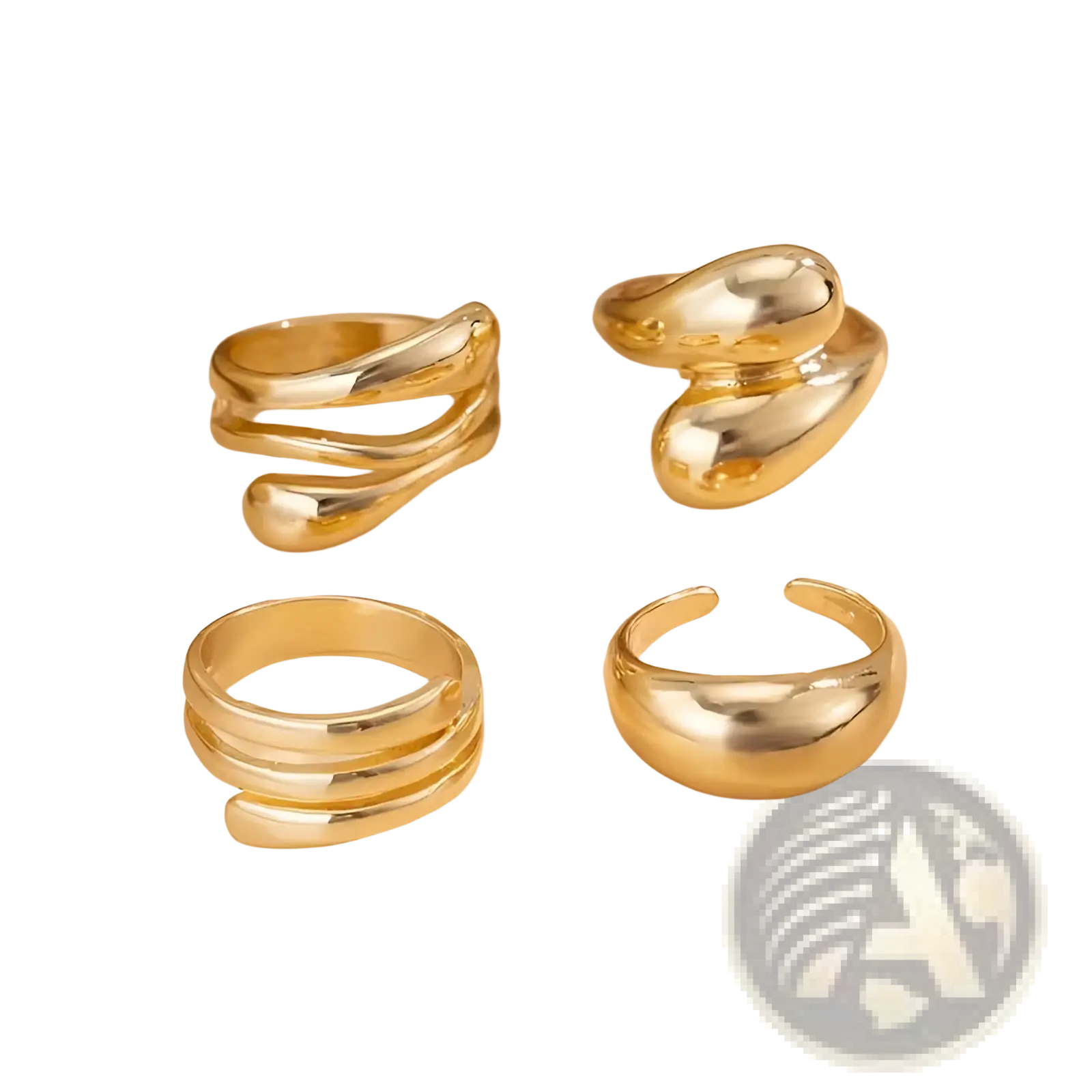 Set of four gold-toned modernist adjustable rings with sleek sculptural geometric designs for elegant wear