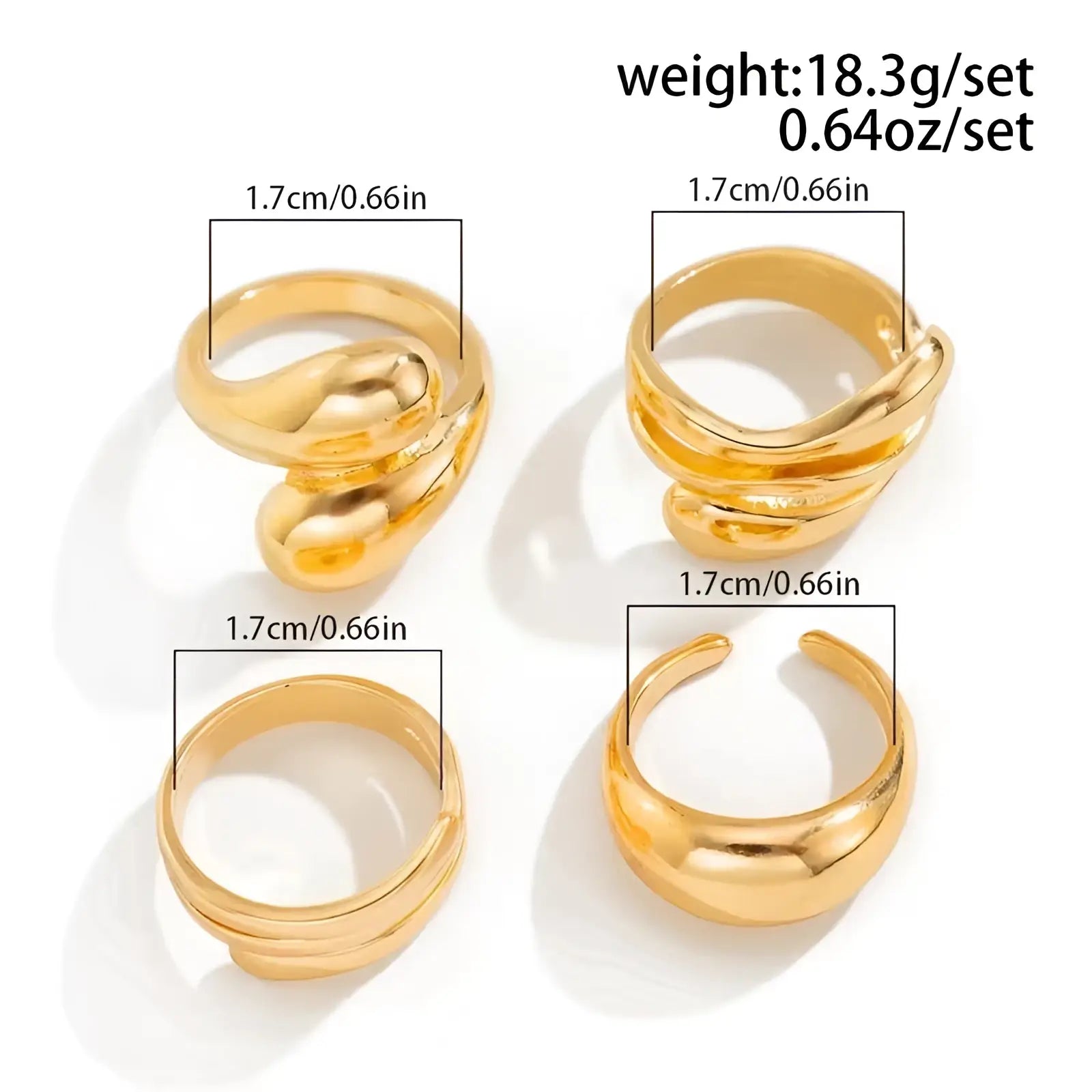 Set of four gold-toned adjustable rings with sleek abstract minimalist geometric designs for elegant wear
