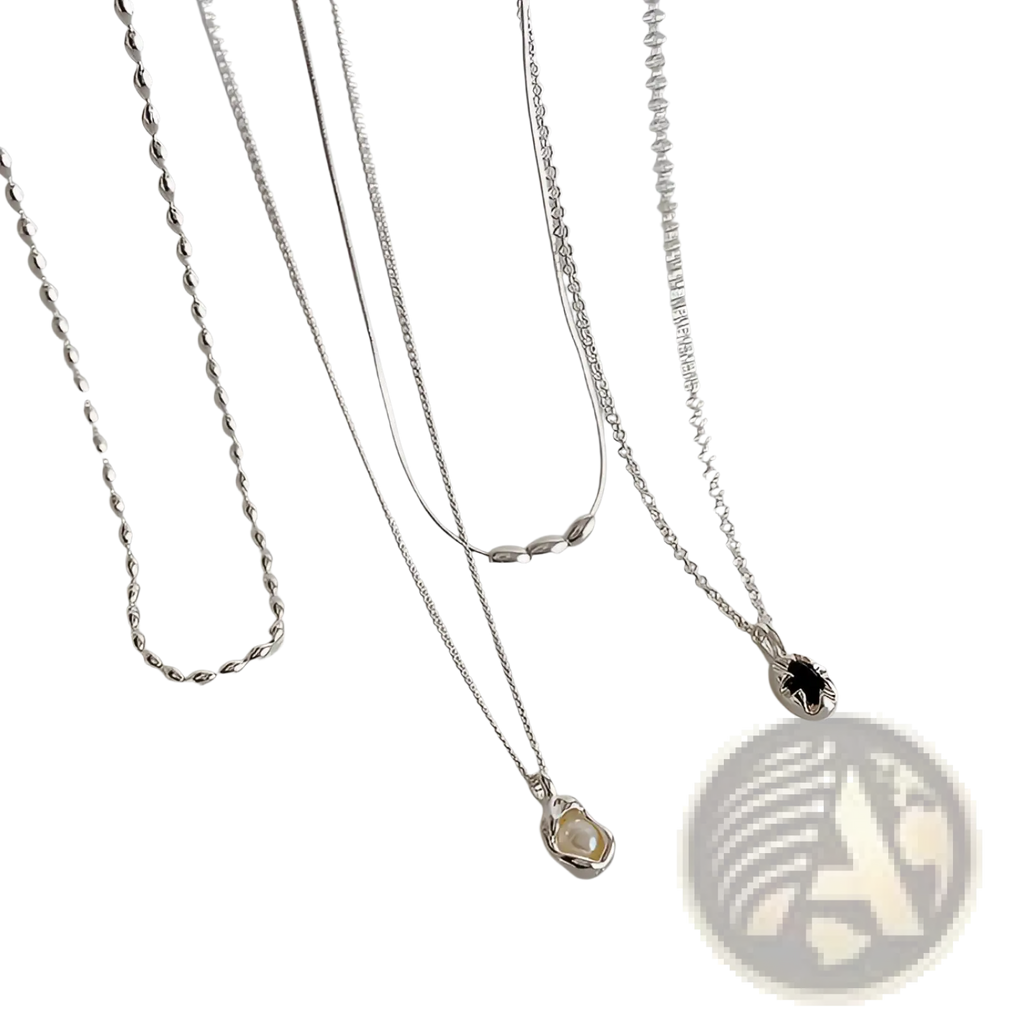 Set of five minimalist silver necklaces with unique chains and pendants featuring pearl and black gemstone designs