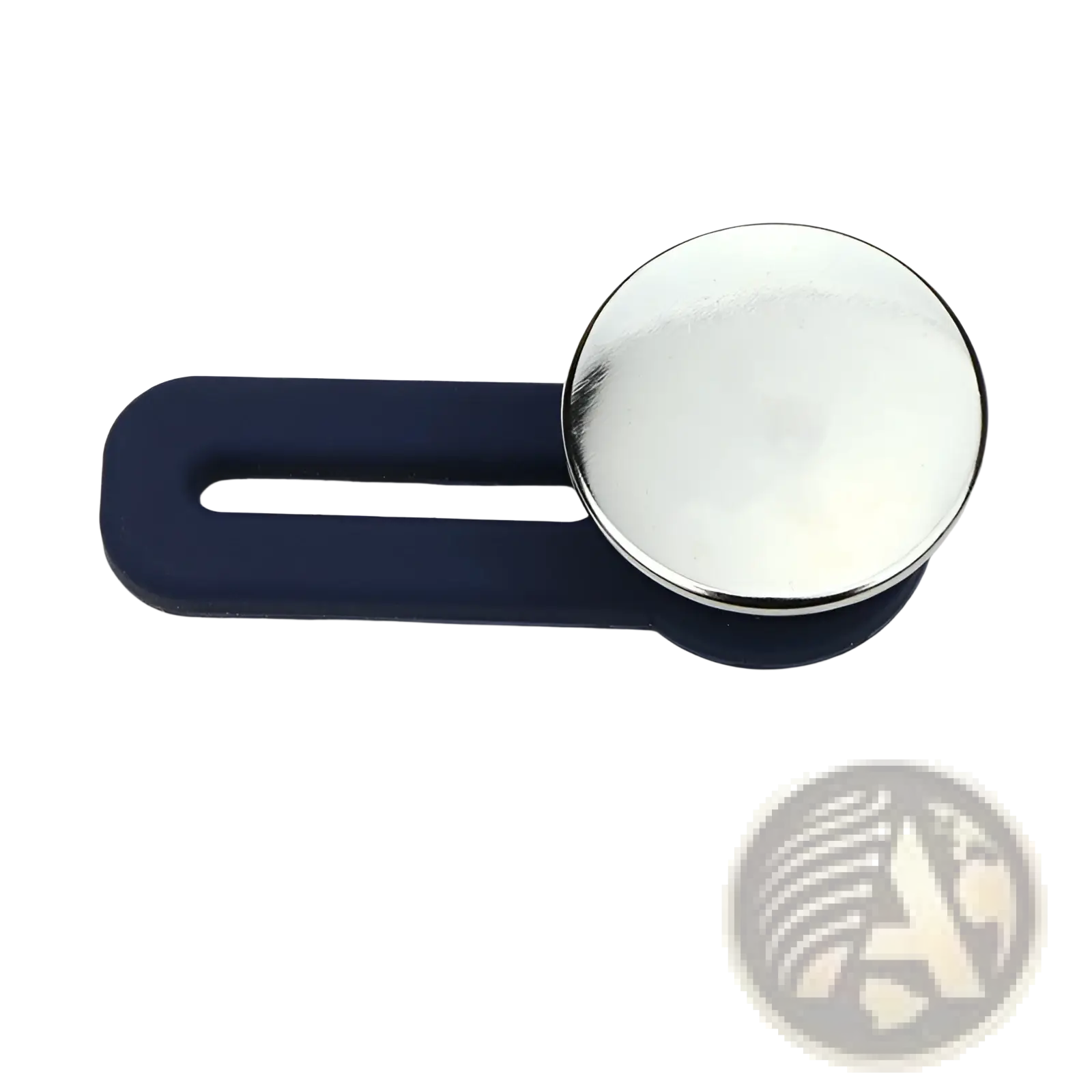 Navy blue silicone magnetic clothing organizer with silver circular magnet for no sew adjustable jeans waist button extender