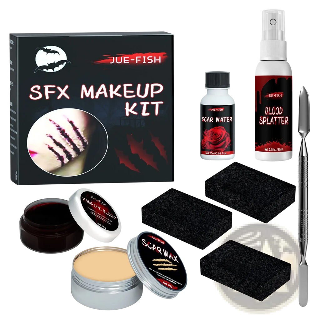 Sfx halloween makeup kit by jue-fish with black and silver scar wax containers fake blood spray and three black sponges