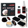 Sfx halloween makeup kit by jue-fish with black and silver scar wax containers fake blood spray and three black sponges