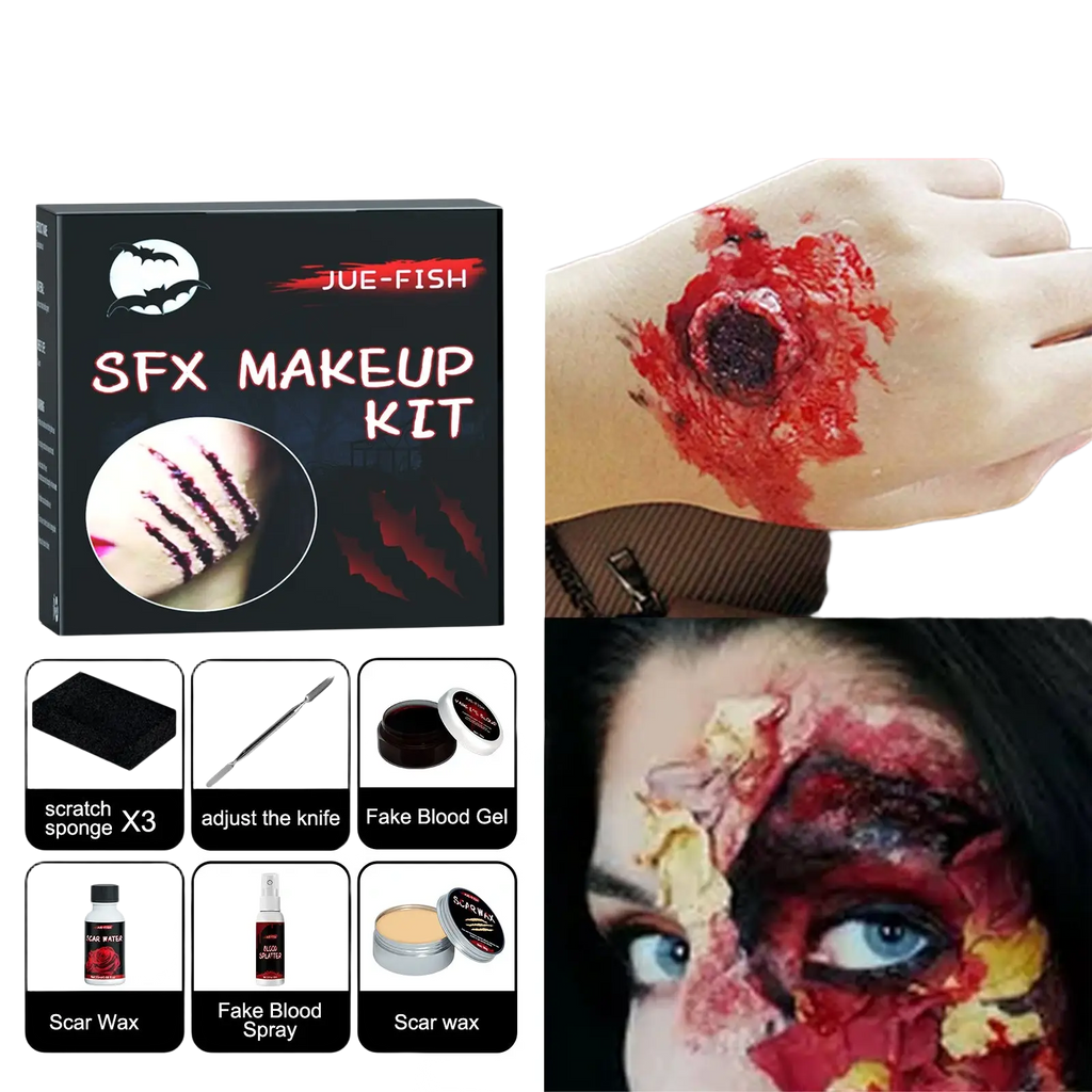 Jue-fish sfx halloween makeup kit with scar wax and fake blood in a black box featuring bat design for realistic wounds