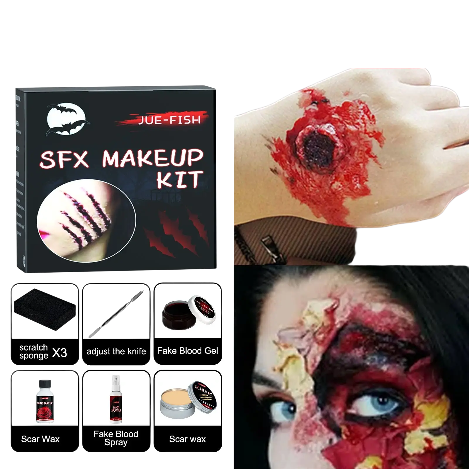Jue-fish sfx halloween makeup kit with scar wax and fake blood in a black box featuring bat design for realistic wounds
