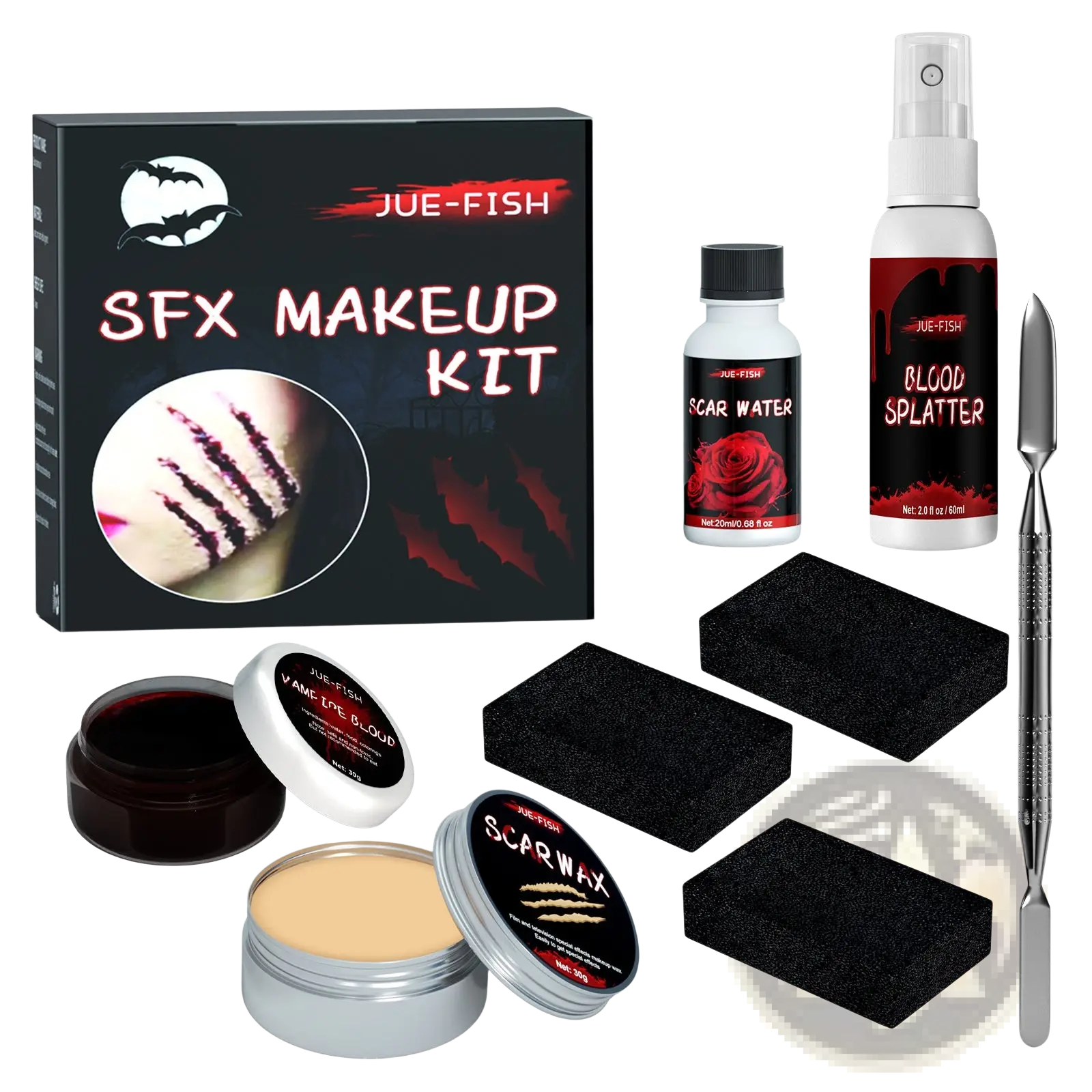 Sfx halloween makeup kit by jue-fish with black and silver containers, scar wax, fake blood, blood splatter spray, and sponges