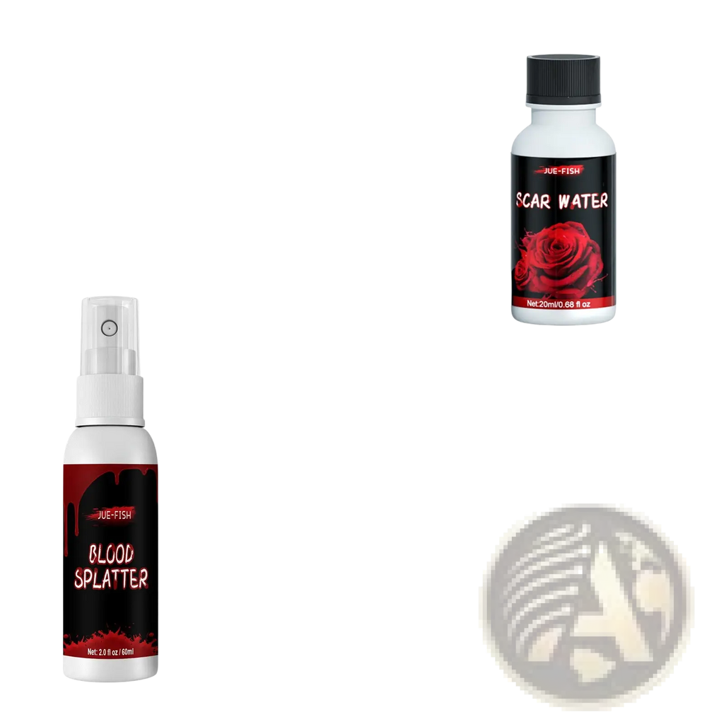 White spray bottle with black blood splatter label containing water cornstarch and edible pigment in sfx halloween makeup kit