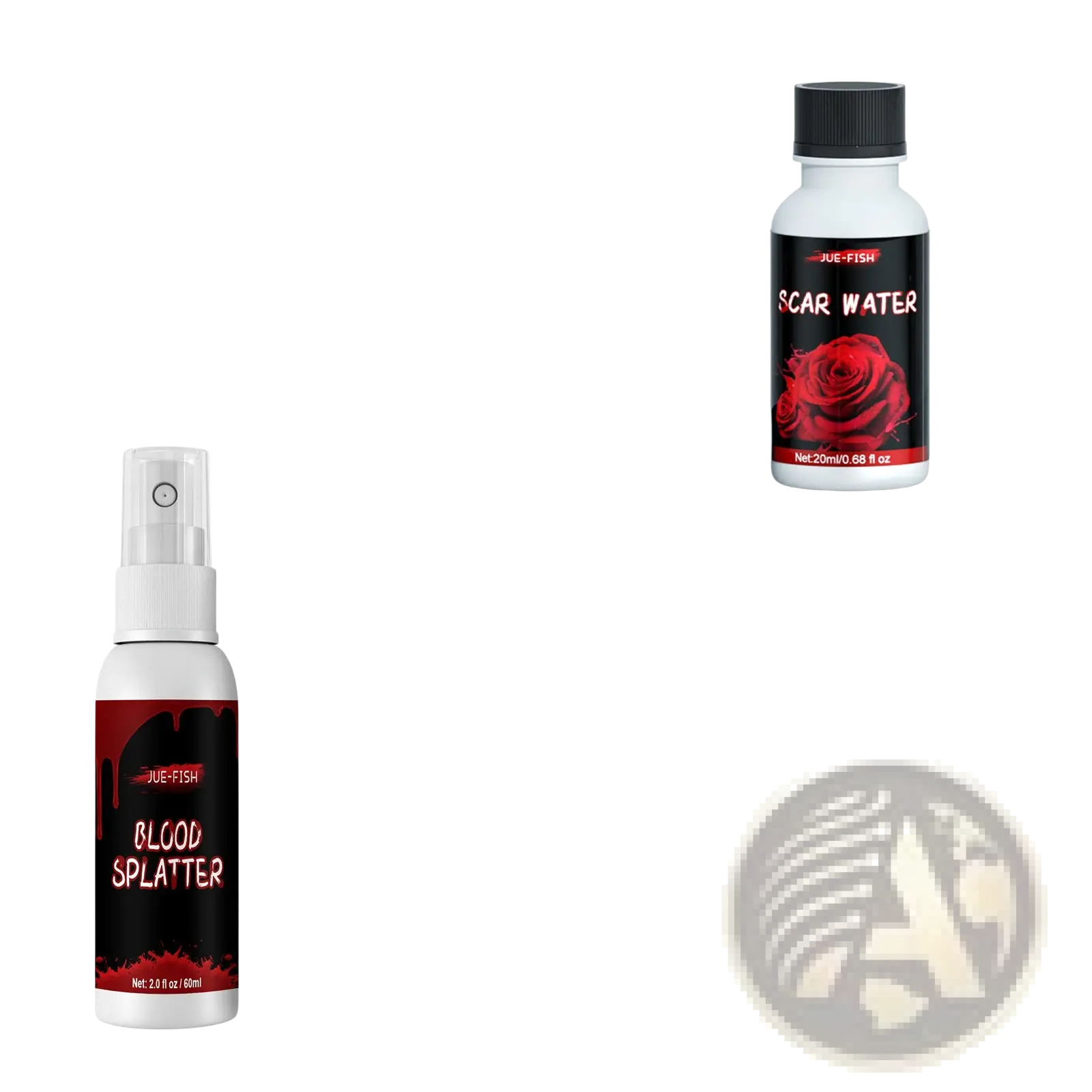 White spray bottle with black blood splatter label containing water cornstarch and edible pigment in sfx halloween makeup kit