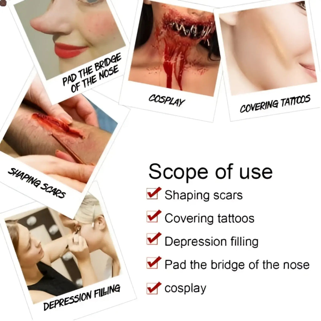 Sfx makeup kit with prosthetic tools for realistic halloween scars and wounds featuring shaping and tattoo cover techniques