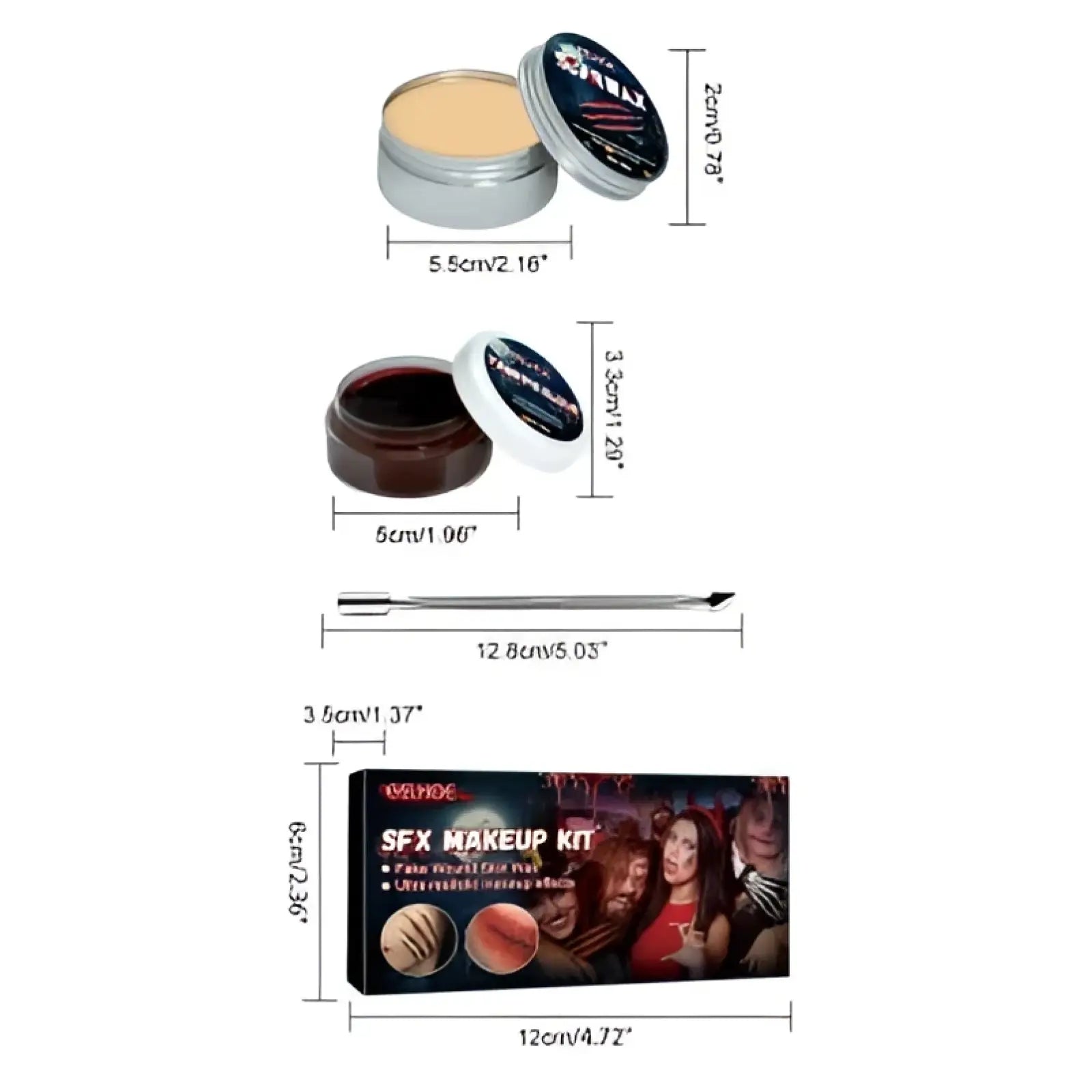 Sfx makeup kit in black and silver with beige and dark brown face paint jars and metal applicator for realistic scars and wounds