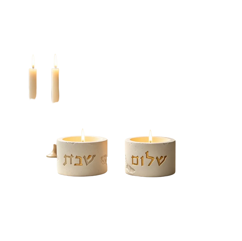 White ceramic shabbat candle holders with gold hebrew lettering made using a silicone mold for hebrew letters