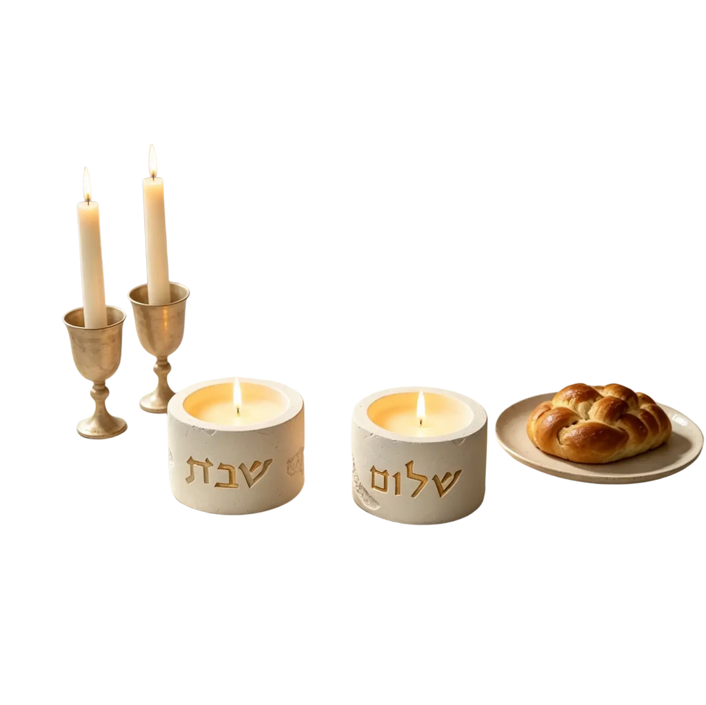 White ceramic shabbat candle holders with gold hebrew lettering made from silicone mold material