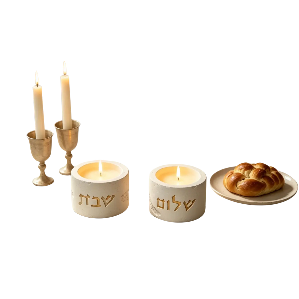 White ceramic shabbat candle holders with gold hebrew lettering made from silicone mold material