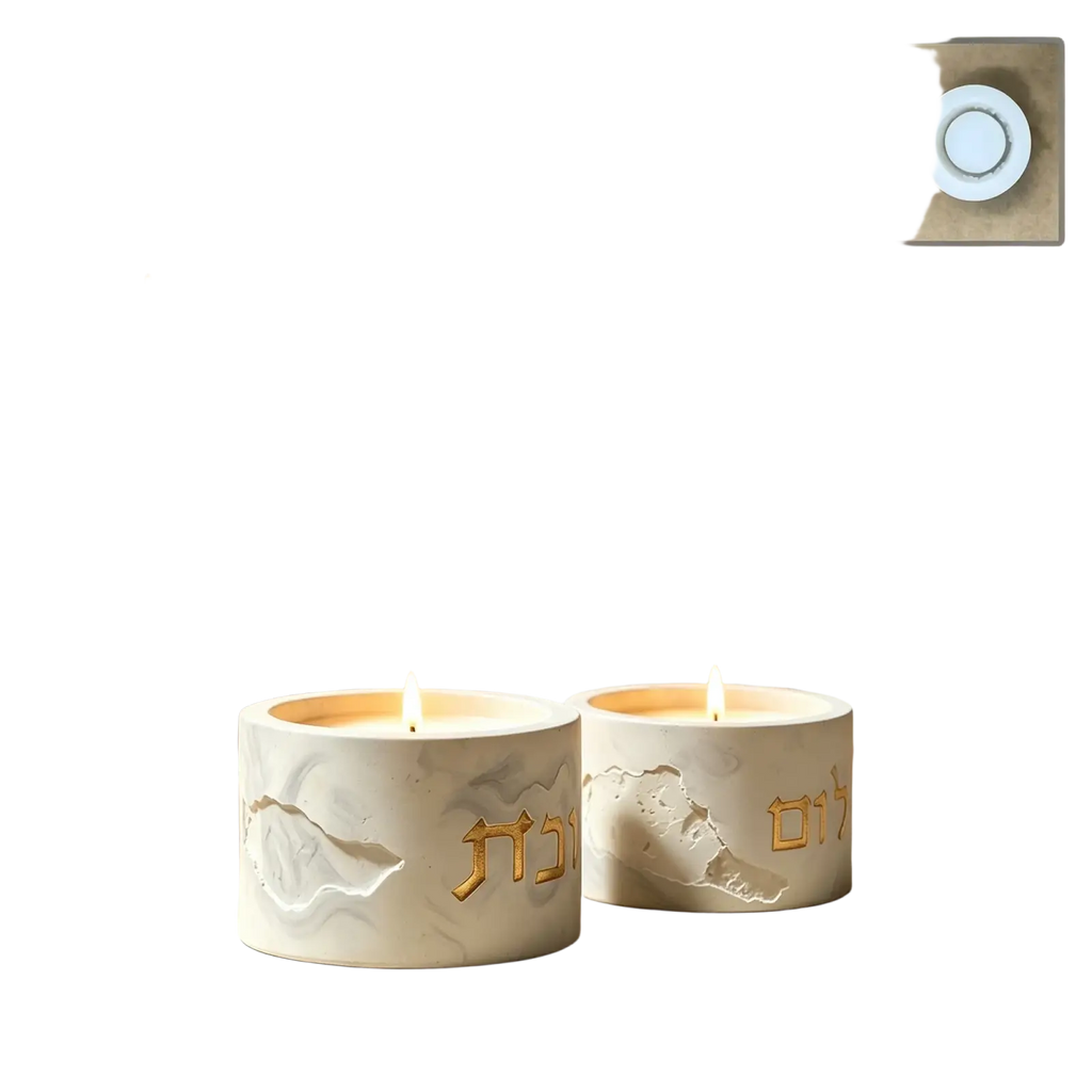 White marble-effect shabbat candle holders with gold hebrew lettering made from silicone mold material