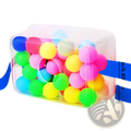 A clear plastic container filled with 30 colorful round foam balls for the shaking swing balls party game set