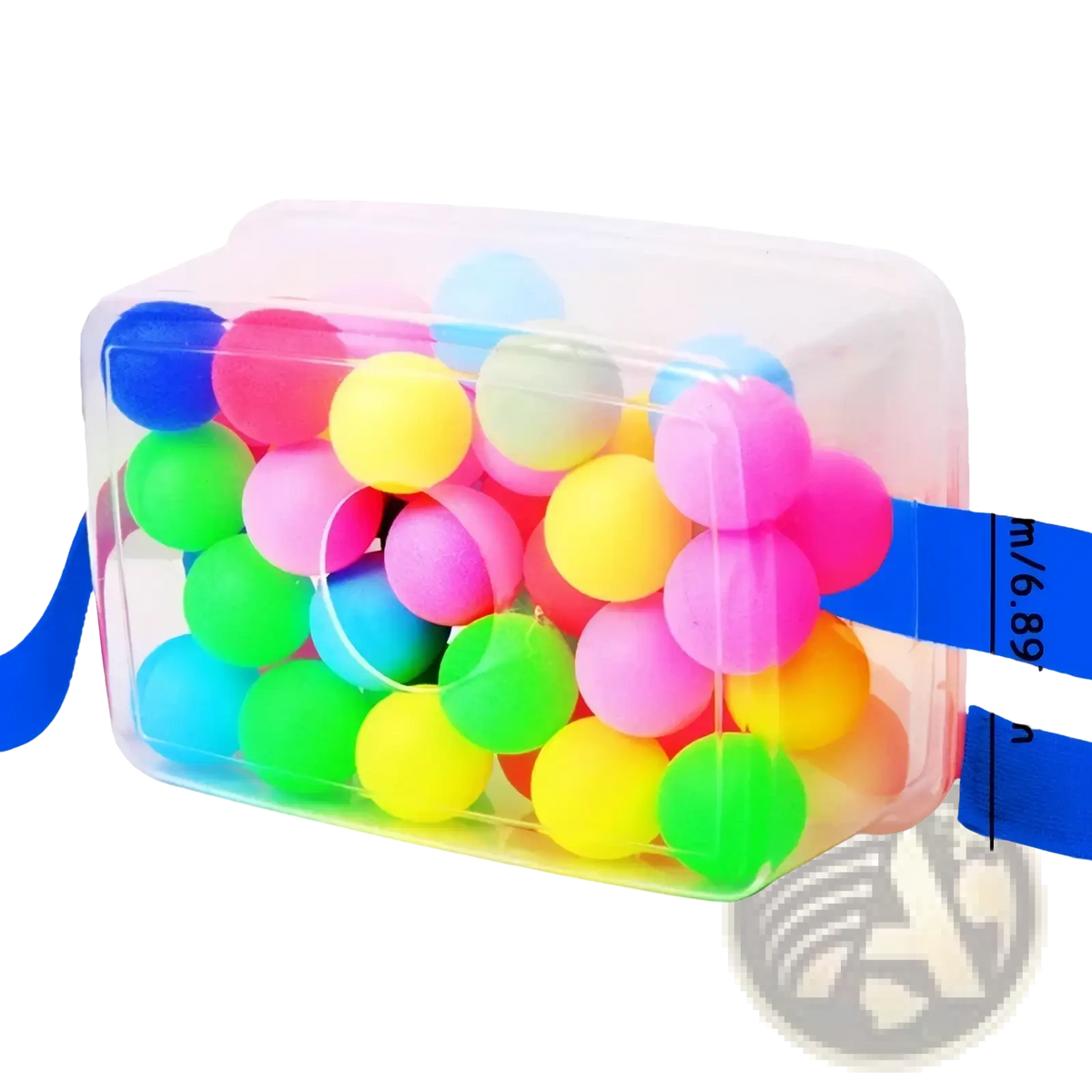 A clear plastic container filled with 30 colorful round foam balls for the shaking swing balls party game set