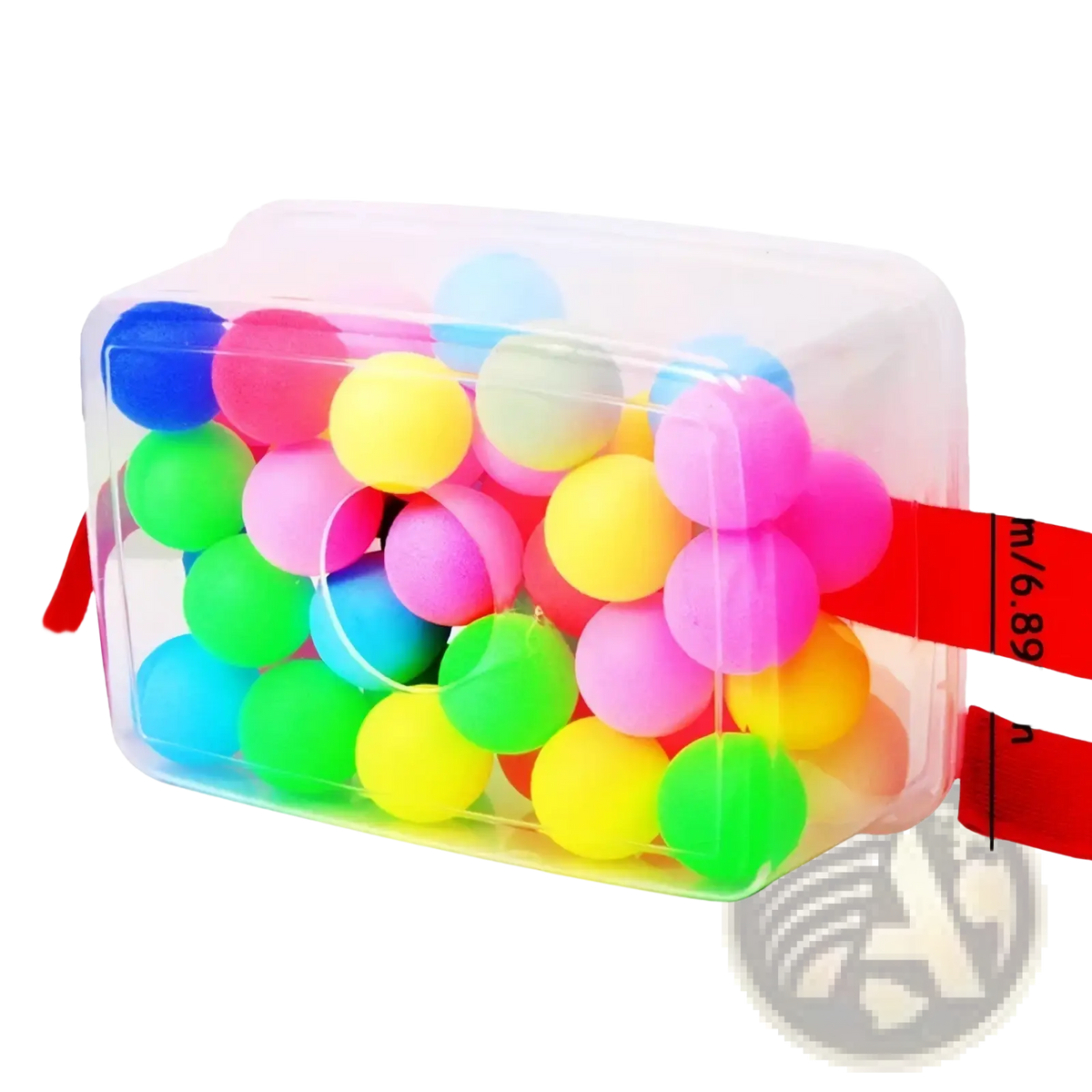A clear plastic container filled with 30 colorful round foam balls for the shaking swing balls party game set