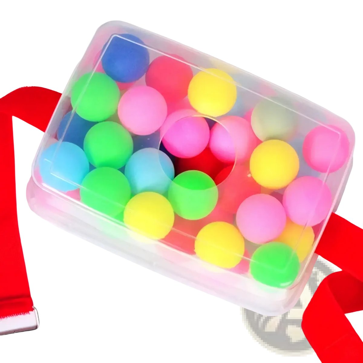 A clear plastic container of shaking swing balls party game set filled with colorful round foam balls in multiple colors