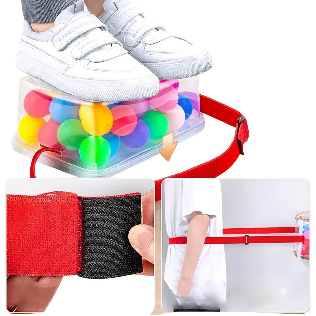 Clear plastic storage box with colorful balls and red adjustable strap for shaking swing balls party game set